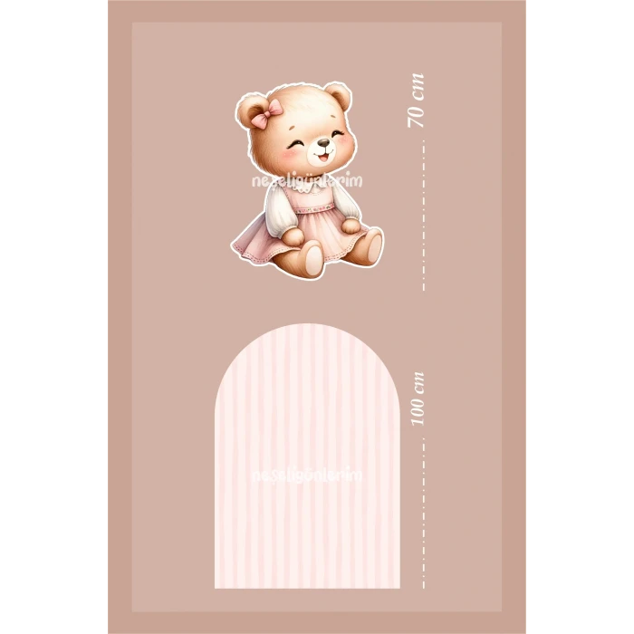 2li Ayaklı Pano Seti Pudra Çizgili, Elbiseli Oturan Sevimli Ayıcık Temalı / 100 cm - 70 cm