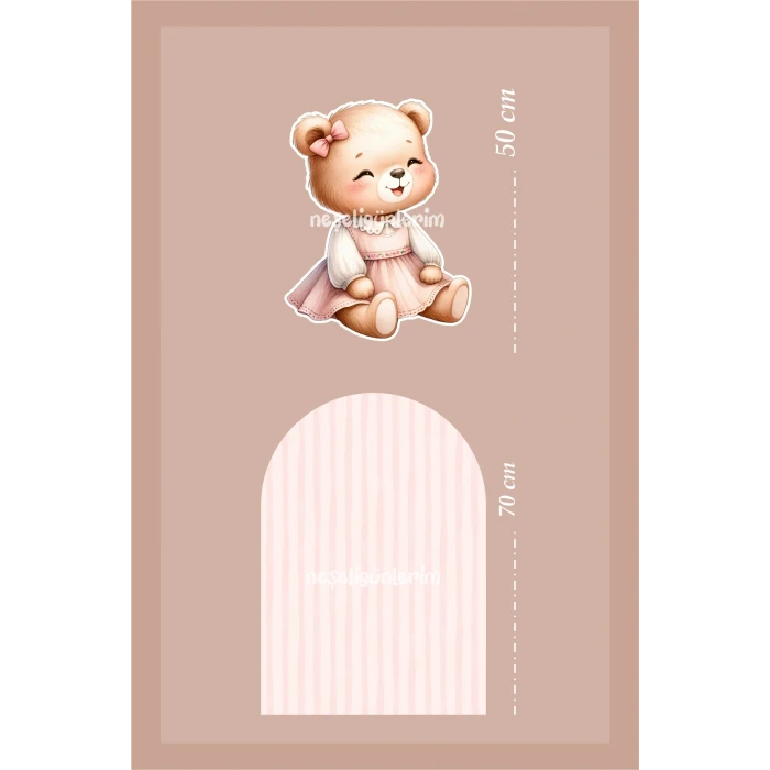 2li Ayaklı Pano Seti Pudra Çizgili, Elbiseli Oturan Sevimli Ayıcık Temalı / 70 cm - 50 cm