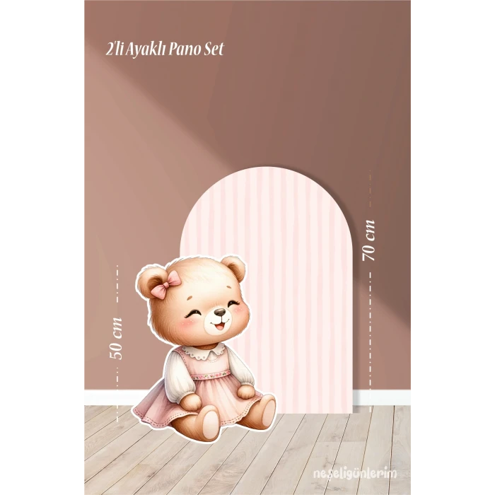 2li Ayaklı Pano Seti Pudra Çizgili, Elbiseli Oturan Sevimli Ayıcık Temalı / 70 cm - 50 cm