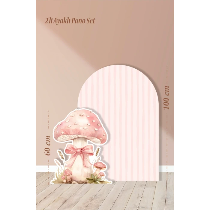 2li Ayaklı Pano Seti Pudra Çizgili, Fiyonklu Mantar Temalı / 100 cm - 60 cm