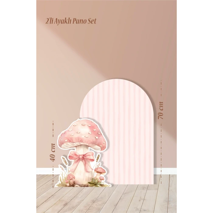 2li Ayaklı Pano Seti Pudra Çizgili, Fiyonklu Mantar Temalı / 70 cm - 40 cm