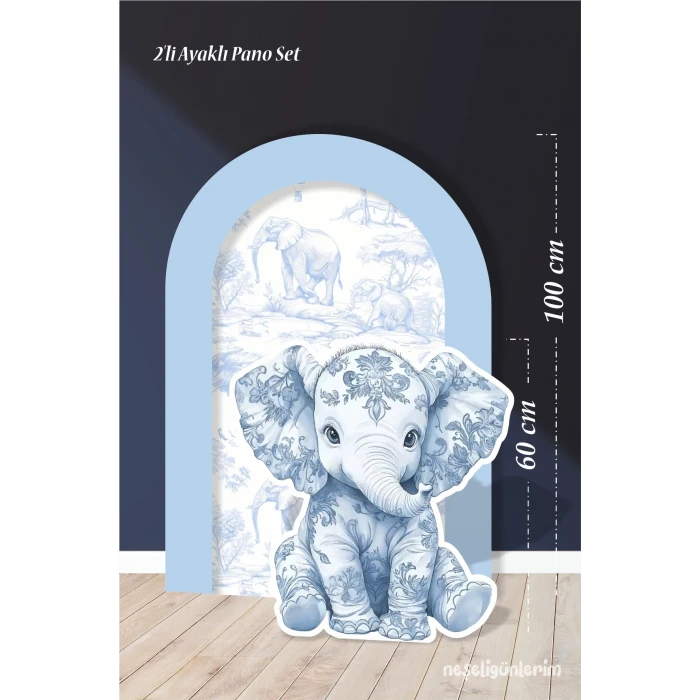 2li Ayaklı Pano Seti Safari Mavi, Oturan Fil Temalı / 100 cm - 60 cm