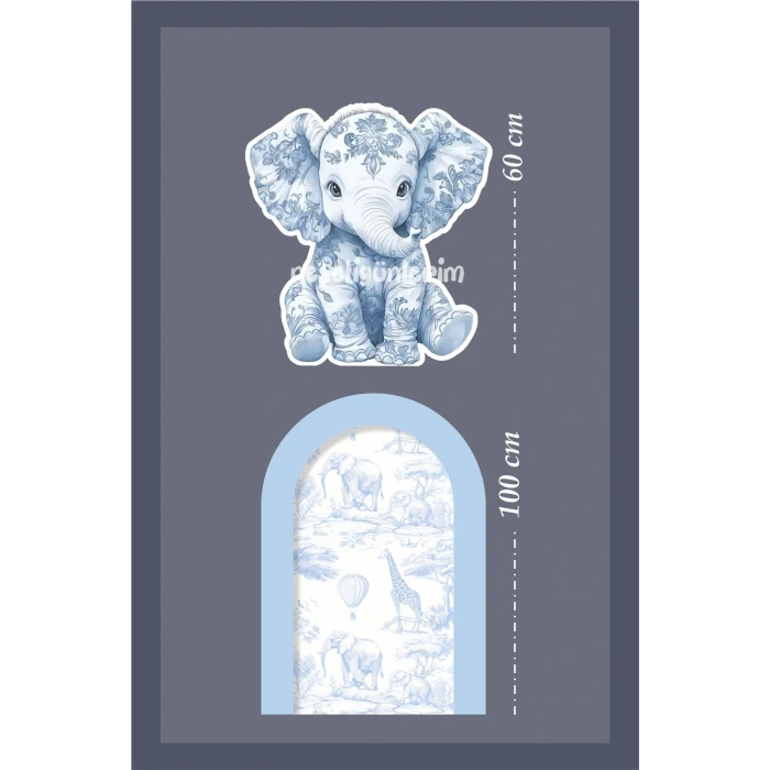 2li Ayaklı Pano Seti Safari Mavi, Oturan Fil Temalı / 100 cm - 60 cm
