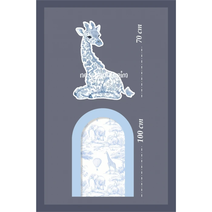 2li Ayaklı Pano Seti Safari Mavi, Oturan Zürafa Temalı / 100 cm - 70 cm