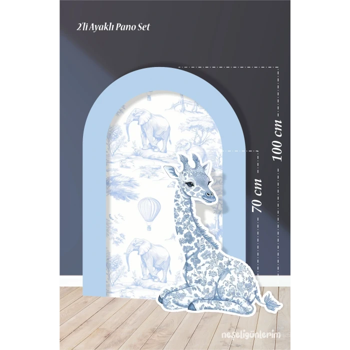 2li Ayaklı Pano Seti Safari Mavi, Oturan Zürafa Temalı / 100 cm - 70 cm