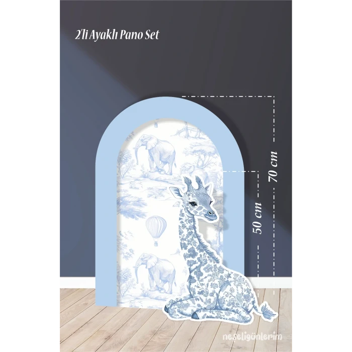 2li Ayaklı Pano Seti Safari Mavi, Oturan Zürafa Temalı / 70 cm - 50 cm