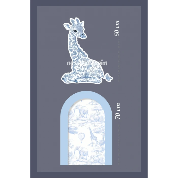 2li Ayaklı Pano Seti Safari Mavi, Oturan Zürafa Temalı / 70 cm - 50 cm