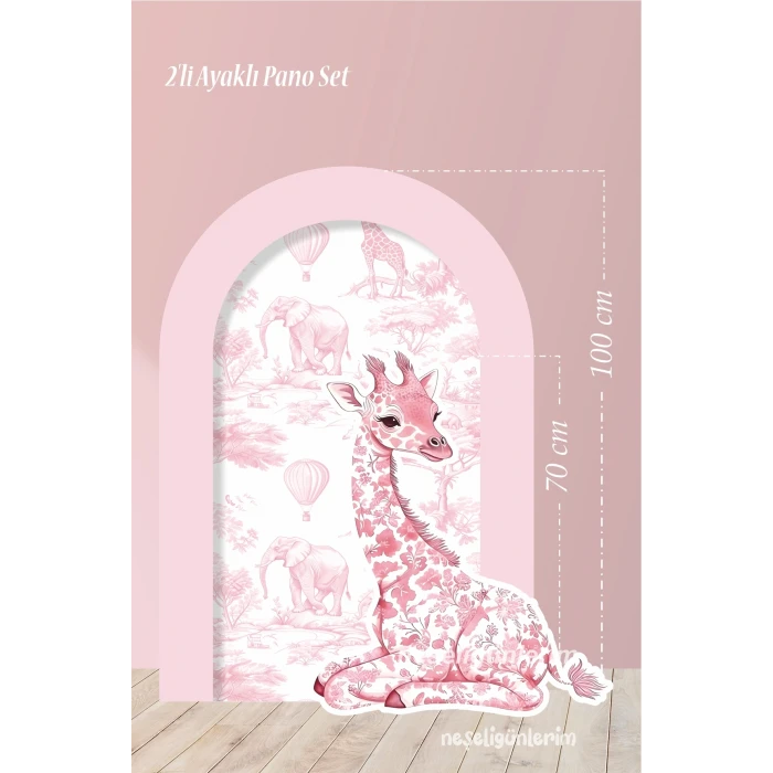 2li Ayaklı Pano Seti Soft Pembe Safari Konseptli ve Oturan Zürafa Dekoru / 100 cm - 70 cm