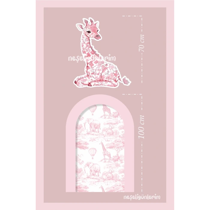2li Ayaklı Pano Seti Soft Pembe Safari Konseptli ve Oturan Zürafa Dekoru / 100 cm - 70 cm