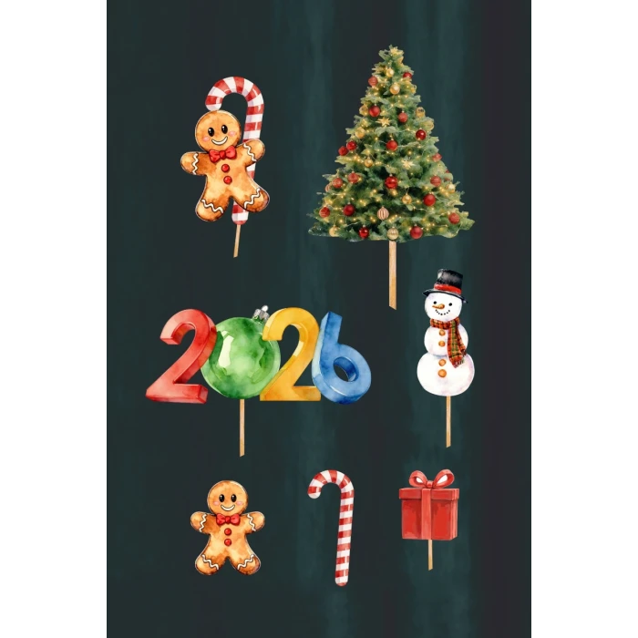 2026 Yeni Yıl Kürdanlı Pasta Süsü | Yılbaşı | Noel | Topper | Pasta Süs