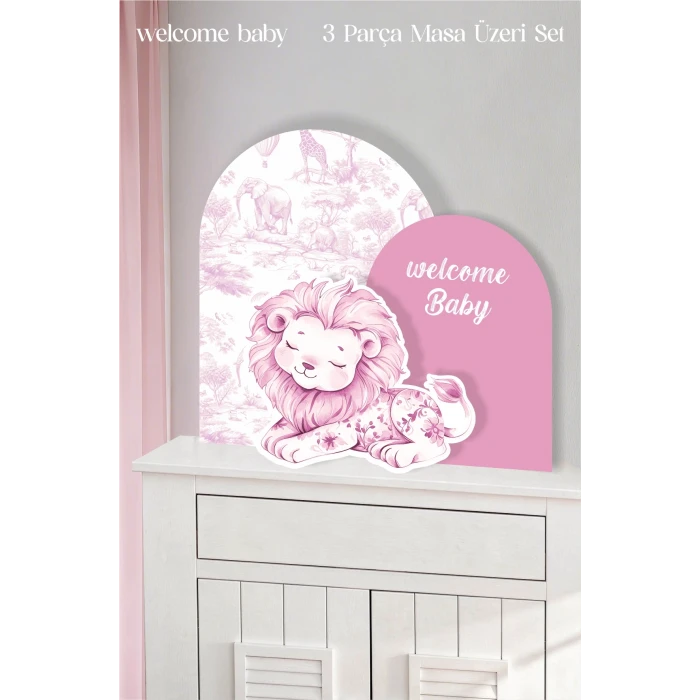 Safari Pembe Aslan welcome Baby 3 Parça Masa Üzeri Ayaklı Pano Set