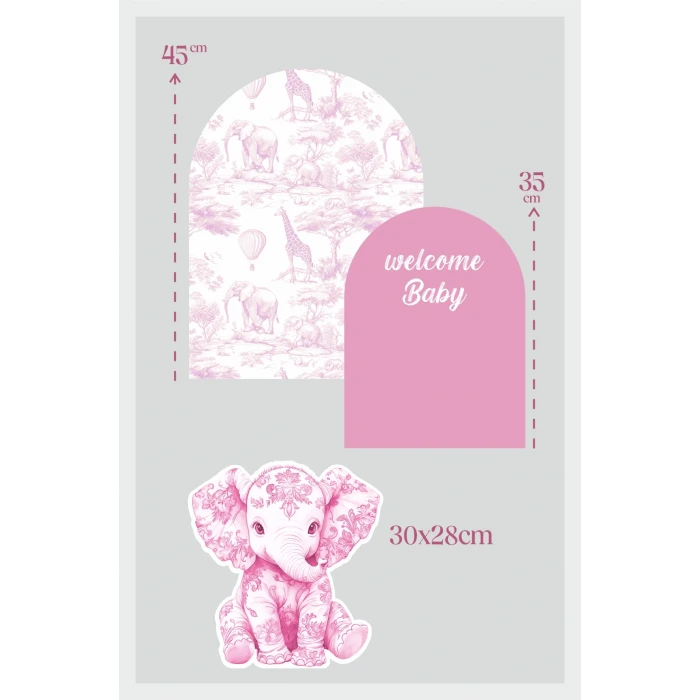 Safari Pembe Fil welcome Baby 3 Parça Masa Üzeri Ayaklı Pano Set
