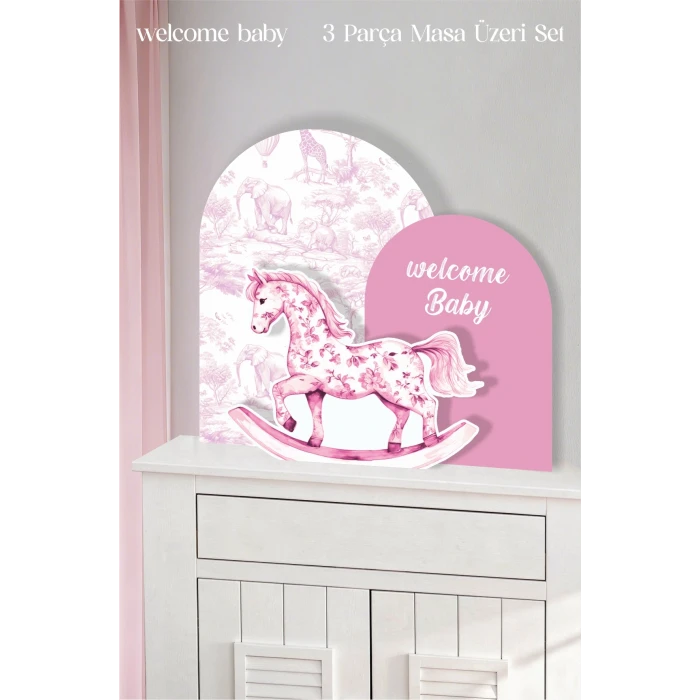 Safari Pembe Sallanan At welcome Baby 3 Parça Masa Üzeri Ayaklı Pano Set