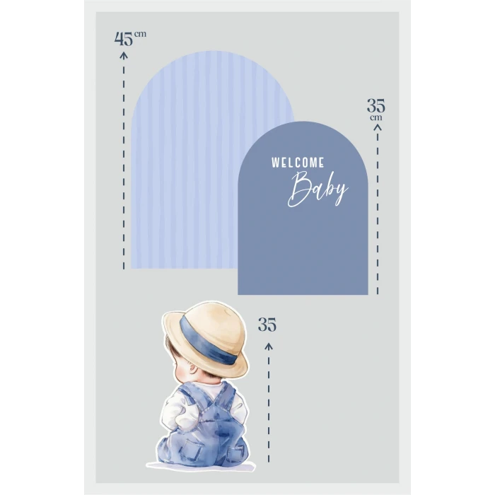 Mavi Çizgili Şapkalı Welcome Baby  Erkek Bebek 3 Parça Masa Üzeri Ayaklı Pano Set
