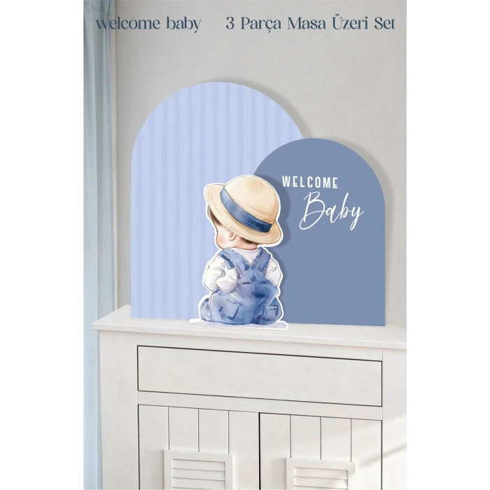 Mavi Çizgili Şapkalı Welcome Baby  Erkek Bebek 3 Parça Masa Üzeri Ayaklı Pano Set