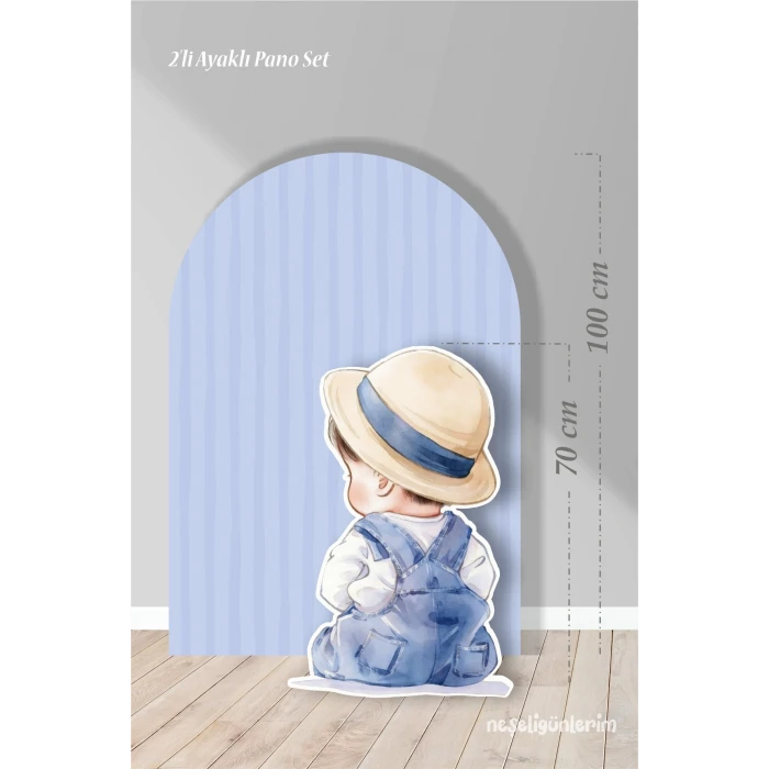 2li Ayaklı Pano Seti Mavi Çizgili Arka Fon , Şapkalı Erkek Bebek / 100 cm - 70 cm