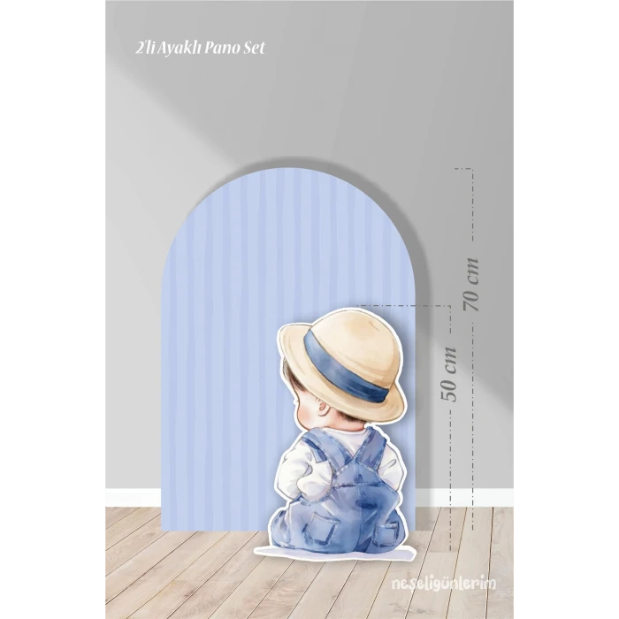 2li Ayaklı Pano Seti Mavi Çizgili Arka Fon , Şapkalı Erkek Bebek / 70 cm - 50 cm