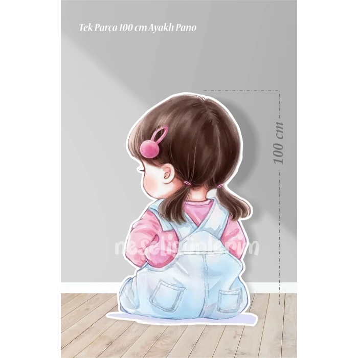 Pembe Tokalı Oturan Kız Bebek 100 cm Ayaklı Pano | Dekor | Pembe | Pink