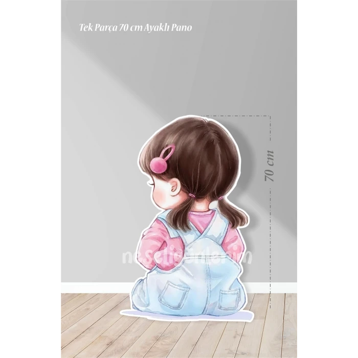 Pembe Tokalı Oturan Kız Bebek 70 cm Ayaklı Pano | Dekor | Pembe | Pink