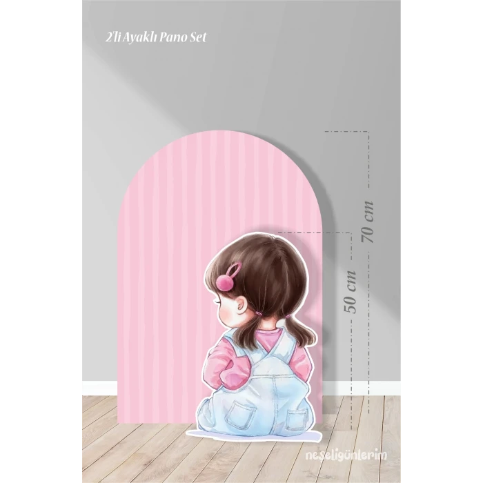 2li Ayaklı Pano Seti Pembe Çizgili Arka Fon , Tokalı Kız Bebek / 70 cm - 50 cm