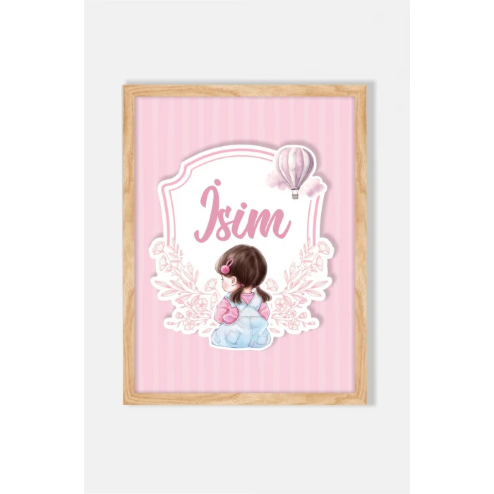 İsme Özel Pembe Tokalı Oturan Kız Ahşap Çerçeve 30x40 cm Tablo, Hastane Odası Kapı Süsü, Çocuk Odası, Dekorasyon