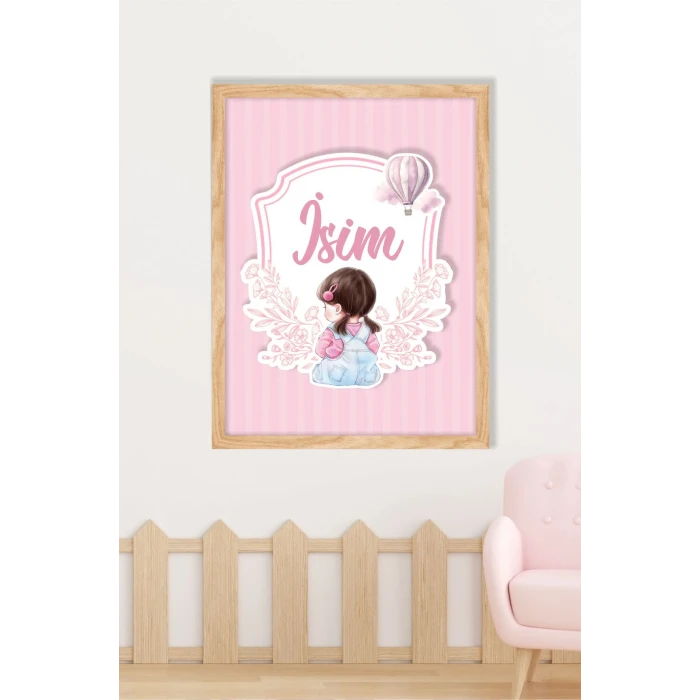 İsme Özel Pembe Tokalı Oturan Kız Ahşap Çerçeve 30x40 cm Tablo, Hastane Odası Kapı Süsü, Çocuk Odası, Dekorasyon