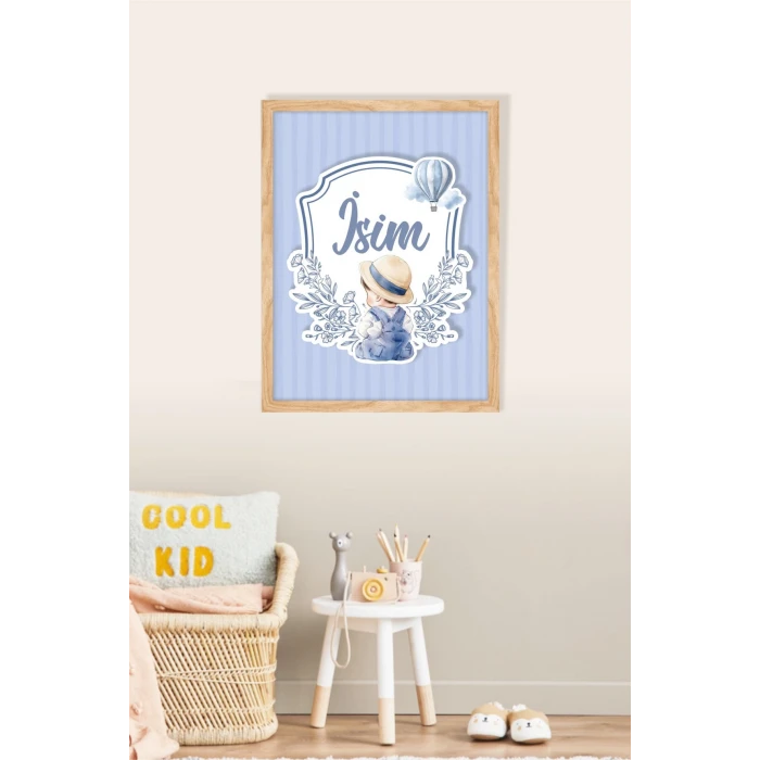 İsme Özel Şapkalı Oturan Erkek Bebek Ahşap Çerçeve 30x40 cm Tablo, Hastane Odası Kapı Süsü, Çocuk Odası, Dekorasyon