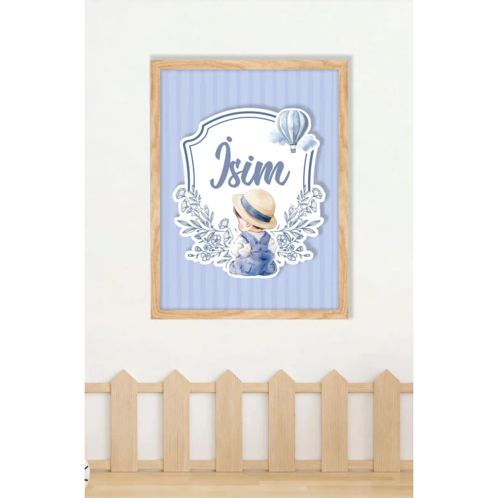 İsme Özel Şapkalı Oturan Erkek Bebek Ahşap Çerçeve 30x40 cm Tablo, Hastane Odası Kapı Süsü, Çocuk Odası, Dekorasyon