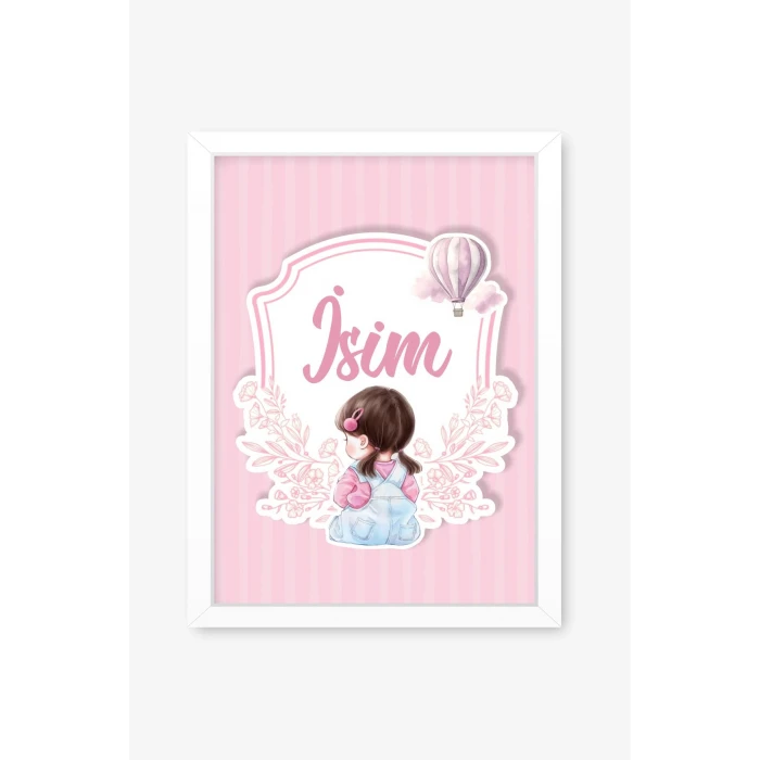 İsme Özel Pembe Tokalı Oturan Kız Beyaz Çerçeve 30x40 cm Tablo, Hastane Odası Kapı Süsü, Çocuk Odası, Dekorasyon