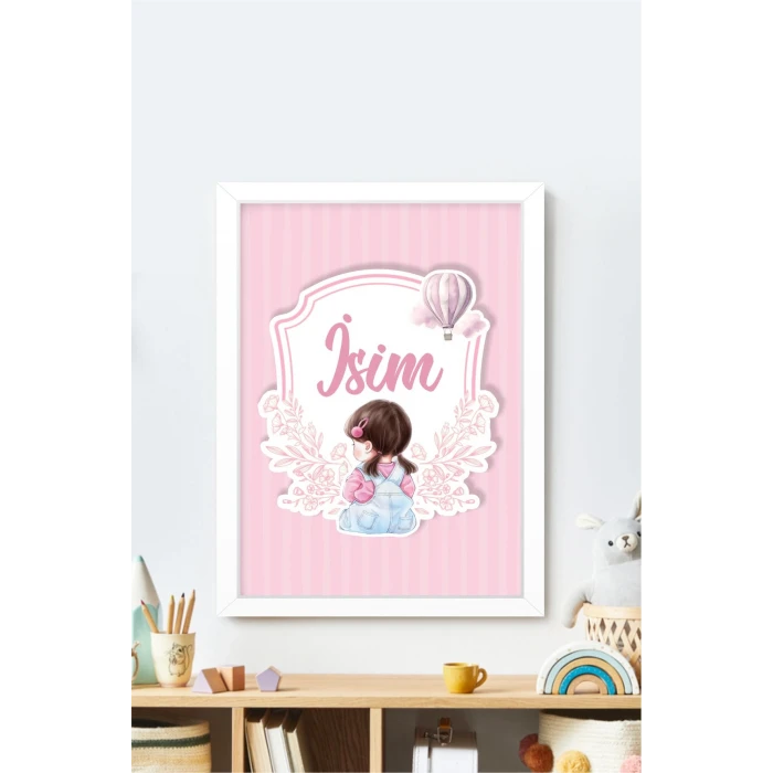 İsme Özel Pembe Tokalı Oturan Kız Beyaz Çerçeve 30x40 cm Tablo, Hastane Odası Kapı Süsü, Çocuk Odası, Dekorasyon