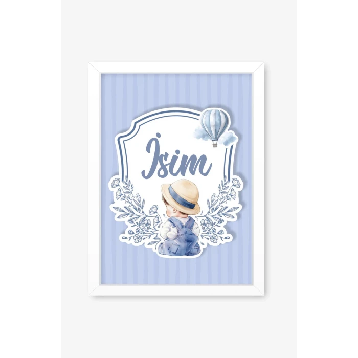 İsme Özel Şapkalı Oturan Erkek Bebek Beyaz Çerçeve 30x40 cm Tablo, Hastane Odası Kapı Süsü, Çocuk Odası, Dekorasyon