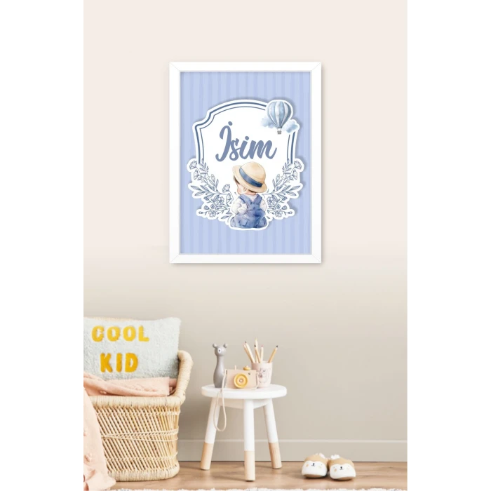 İsme Özel Şapkalı Oturan Erkek Bebek Beyaz Çerçeve 30x40 cm Tablo, Hastane Odası Kapı Süsü, Çocuk Odası, Dekorasyon