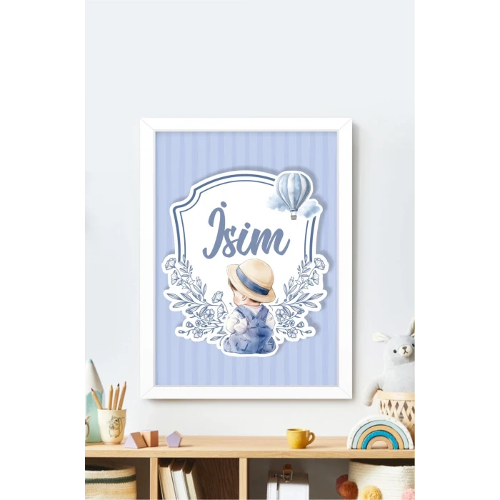İsme Özel Şapkalı Oturan Erkek Bebek Beyaz Çerçeve 30x40 cm Tablo, Hastane Odası Kapı Süsü, Çocuk Odası, Dekorasyon