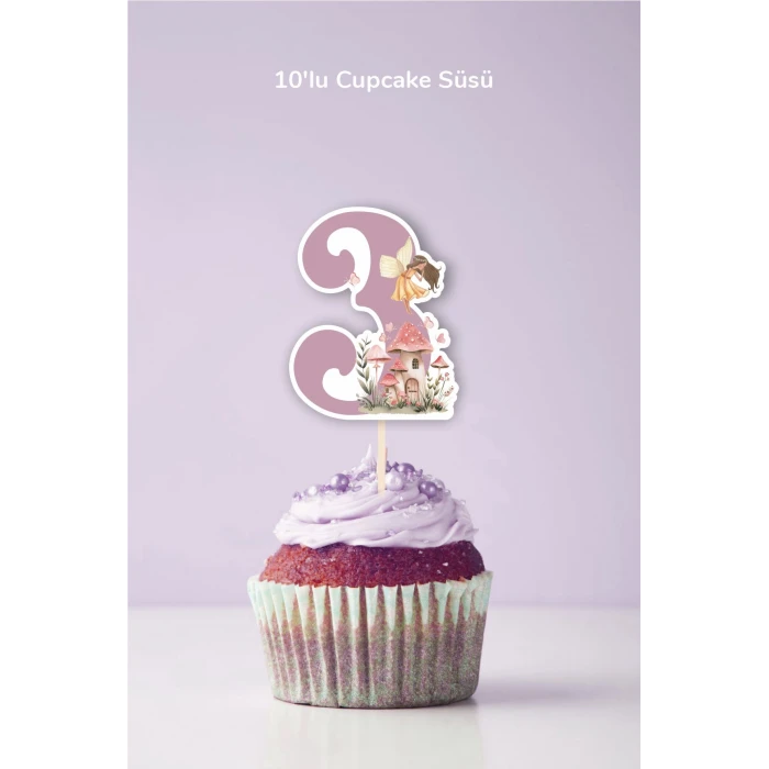 Peri Kızı Temalı 3 Yaşında Cupcake Süsü 10lu