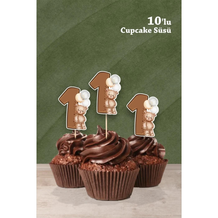 Ayıcık Temalı 1 Yaşında Cupcake Süsü 10lu