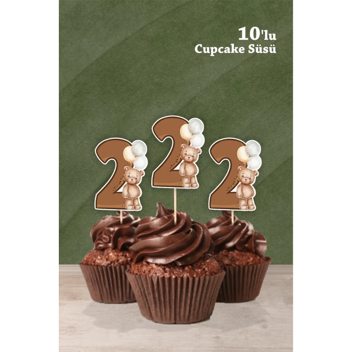 Ayıcık Temalı 2 Yaşında Cupcake Süsü 10lu