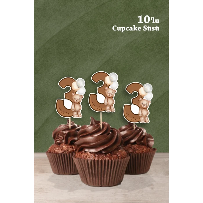 Ayıcık Temalı 3 Yaşında Cupcake Süsü 10lu