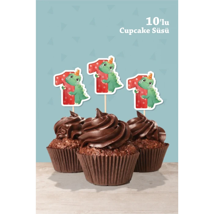 Baby Dinozor Temalı 1 Yaşında Cupcake Süsü 10lu