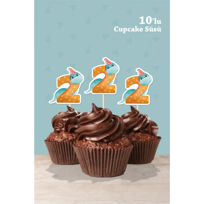Baby Dinozor Temalı 2 Yaşında Cupcake Süsü 10lu