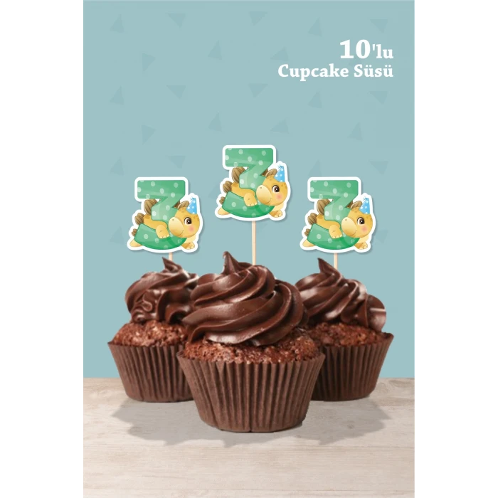 Baby Dinozor Temalı 3 Yaşında Cupcake Süsü 10lu