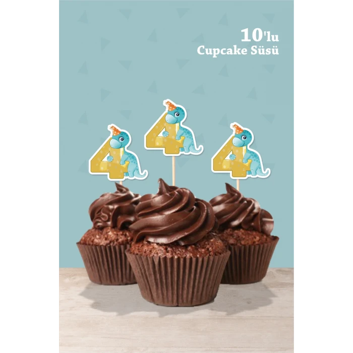 Baby Dinozor Temalı 4 Yaşında Cupcake Süsü 10lu