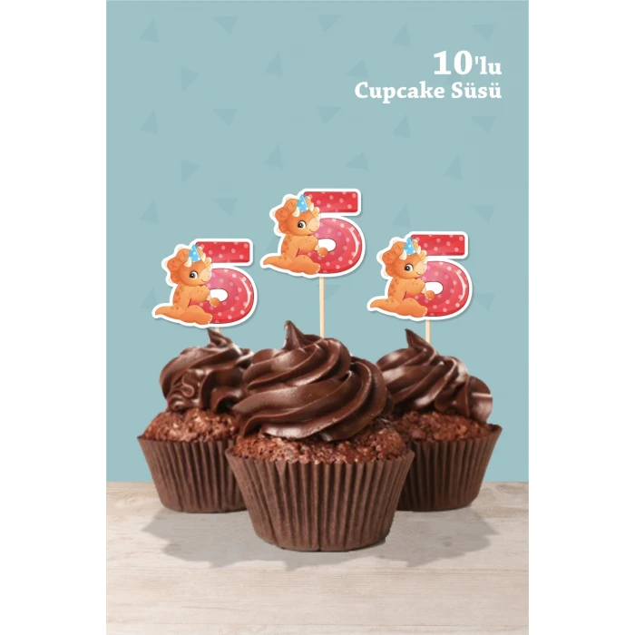 Baby Dinozor Temalı 5 Yaşında Cupcake Süsü 10lu