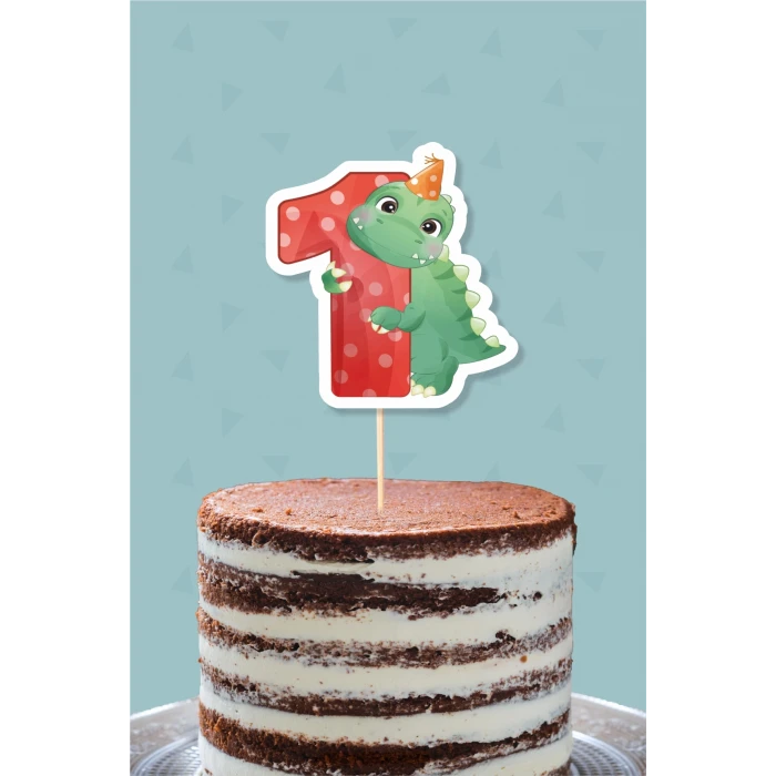 Baby Dinozor Teması 1 Yaşında (Bir) Pasta Süsü *Kalın Kağıt