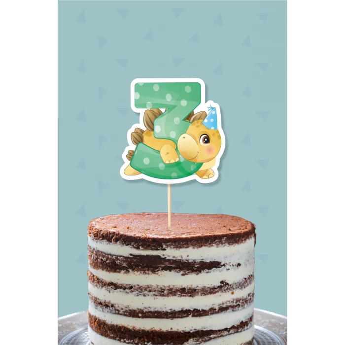 Baby Dinozor Teması 3 Yaşında Pasta Süsü *Kalın Kağıt