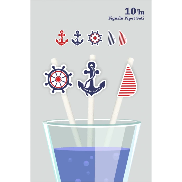 Denizci Temalı 10lu Figürlü Pipet Seti