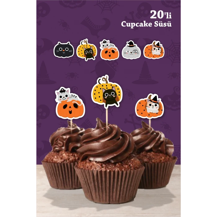 Cadılar Bayramı Halloween Kedili Cupcake Süsü 20li