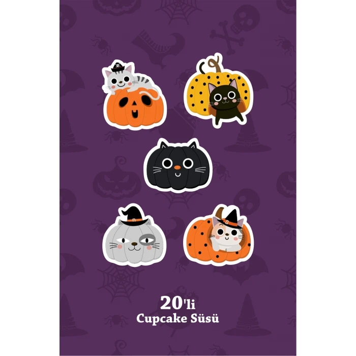 Cadılar Bayramı Halloween Kedili Cupcake Süsü 20li