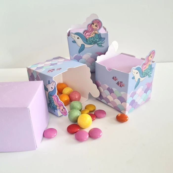 Deniz Kızı Teması Kutu - Mini Hediyelik ( Şeker, Sakız, Draje, Mini Oyuncak ) 5x5x5 cm *8li Paket