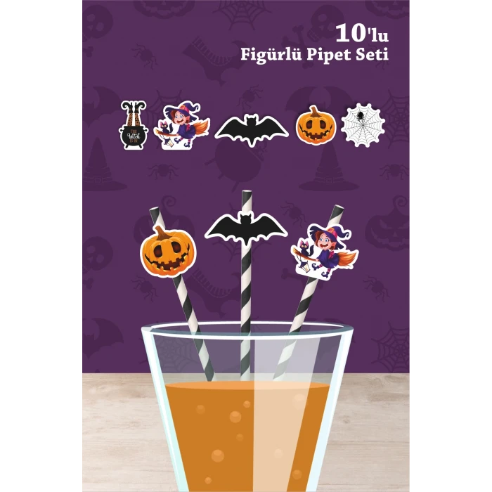 Halloween Cadılar Bayramı Temalı 10lu Figürlü Pipet Seti