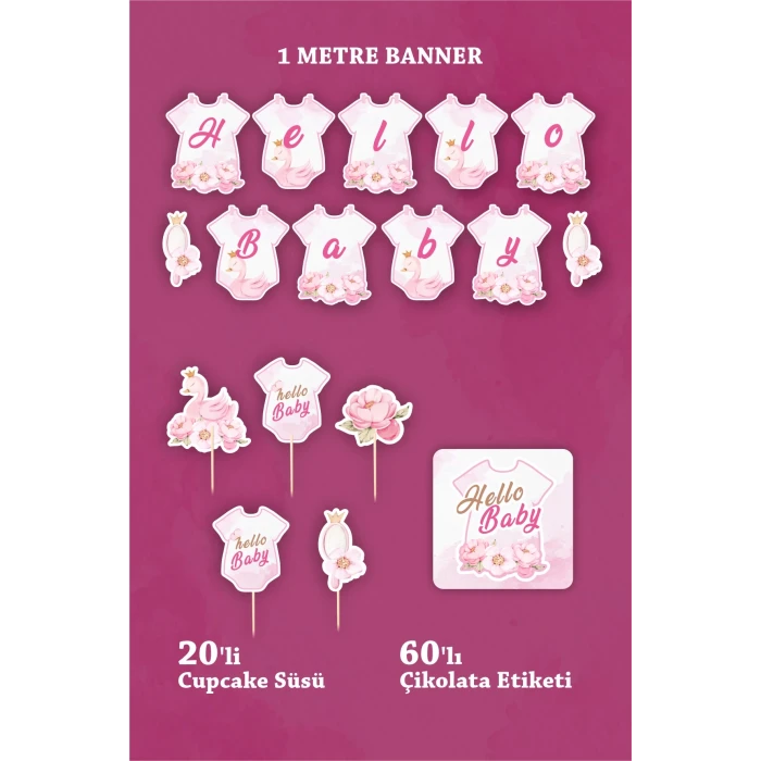 Hello Baby Kuğu Temalı - Hoşgeldin Kız Bebek Parti Seti